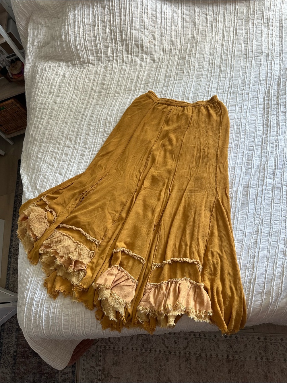 Free People Mustard Tiered Midi Skirt with Frayed Trim - Picture 2 of 4